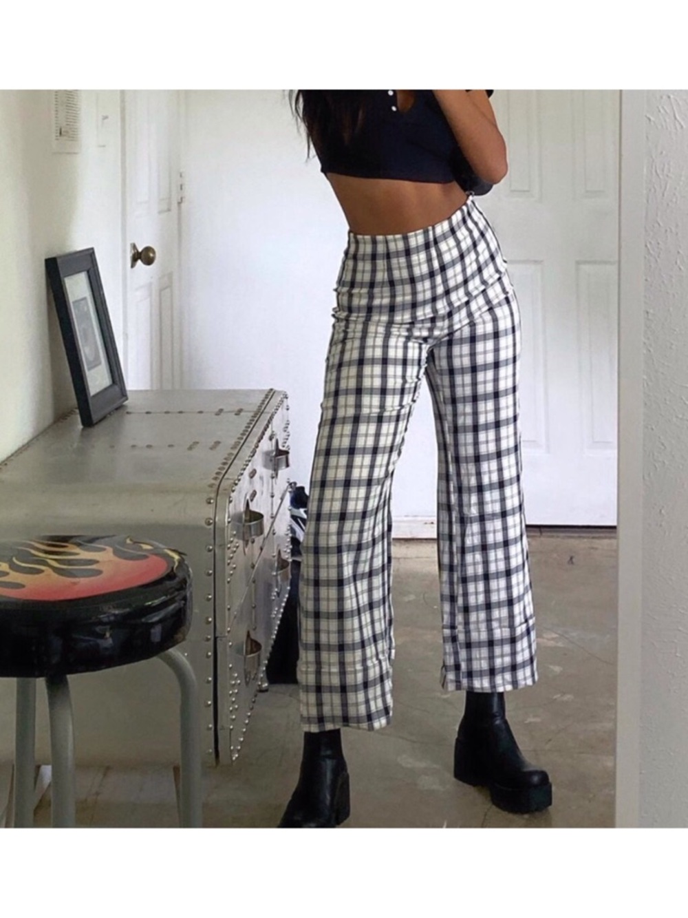 Princess Polly Black & White Plaid Wide-Leg Pants